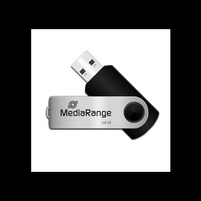 Duas pen drives USB, uma preta e outra prateada com preto, pen drive prateada com texto MediaRange 128 GB