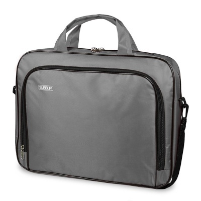 Mala de transporte cinza com fechos e alças pretas e logo SUBBLM.