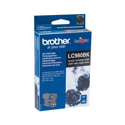 Embalagem de tinteiro Brother LC980BK preto com design azul e branca e amoras na embalagem