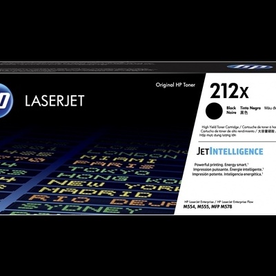 Embalagem de toner HP LaserJet 212X preta com padrão de texto colorido