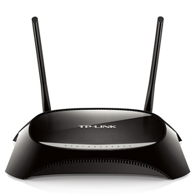 Roteador sem fios preto TP-LINK com duas antenas e luzes indicadoras