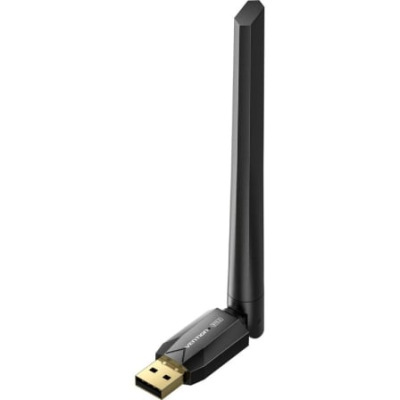 Adaptador USB WiFi preto com antena destacável e conector USB dourado