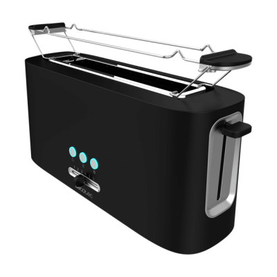 torradeira preta com botões azuis e alavanca lateral