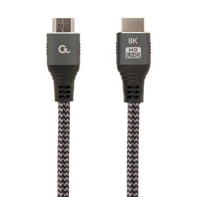 Cabo HDMI preto e cinza com texto 8K e HD UHD nos conectores