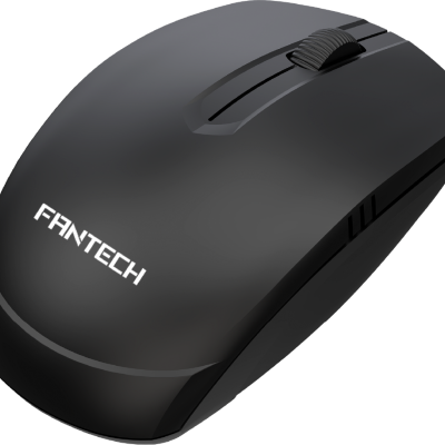 Rato de computador preto com scroll roda tátil e texto FANTECH branco