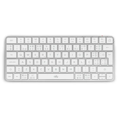 Teclado branco compacto com diversas teclas e marca offy