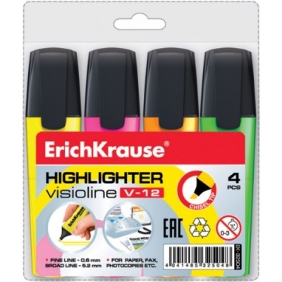 Pack 4 marcadores fluorescentes ErichKrause visoline V-12 amarelo, rosa, laranja e verde