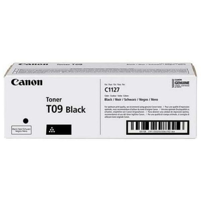 Embalagem de toner Canon T09 Black para impressora com detalhes em várias línguas