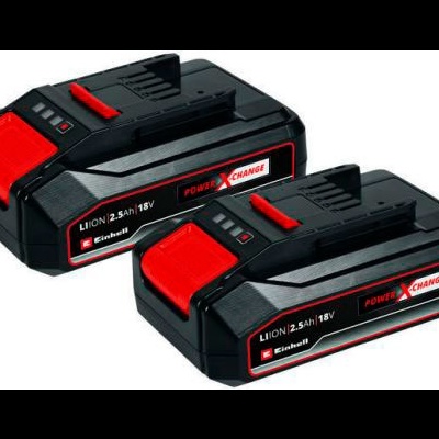 Acumuladores recarregáveis Einhell Power X-Change Li-Ion 18V 2.5Ah pretos com detalhes vermelhos.