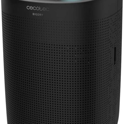 Purificador de ar preto cilíndrico com luz azul, painel táctil e marca Cecotec BigDry