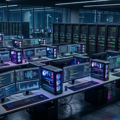 Sala ampla com muitas estações de trabalho de computadores com iluminação LED azul e gabinetes de servidores pretos ao fundo.