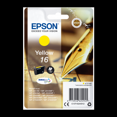 Cartucho de tinta Epson amarelo 16 em embalagem com imagem de caneta dourada