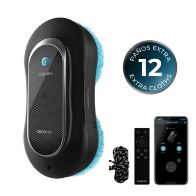 Robô limpa-vidros preto com panos azuis, comando remoto, cabo e telemóvel com app