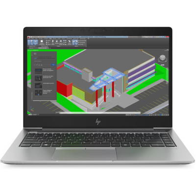 Portátil HP prateado aberto a mostrar software AutoCAD com modelo 3D de edifício colorido.