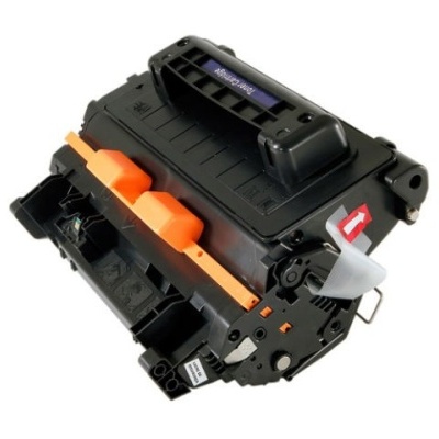 Cartucho de toner preto para impressora com pega preta e detalhes em laranja