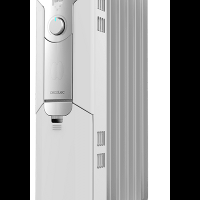 Aquecedor portátil branco com rodas e botões de controlo