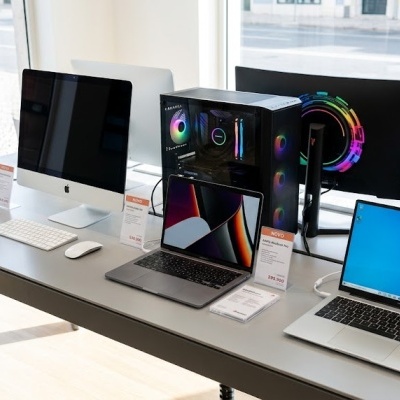 Computadores em exposição numa loja com etiquetas e preços