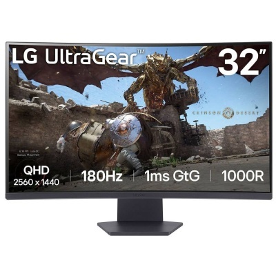 Monitor curvo LG UltraGear 32 polegadas mostrando jogo Crimson Desert
