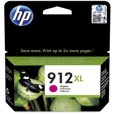 Embalagem de tinta HP 912 XL Magenta com borboleta e plantas verdes
