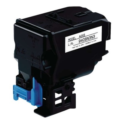 Cartucho de toner preto com componente azul e etiqueta modelo AOX5.
