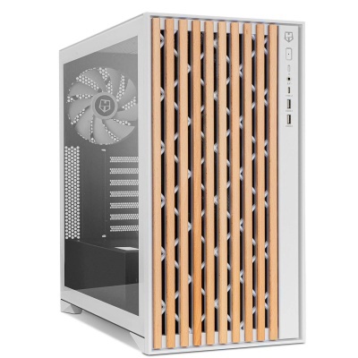 Caixa de computador branca com vidro temperado e ripas de madeira na frente