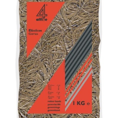 Pacote de elásticos 4office com rótulo vermelho e cinzento, e elásticos castanhos à vista.