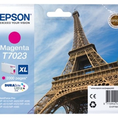 Embalagem de tinteiro Epson magenta T7023 XL com imagem da Torre Eiffel