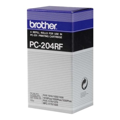 Embalagem azul, preta e cinzenta para rolos de impressão Brother PC-204RF