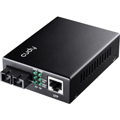 Dispositivo eletrónico preto para rede com LEDs indicadores e conexões UTP e fibra óptica