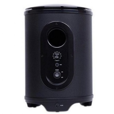 Subwoofer preto cilíndrico com painel frontal e botões de controlo