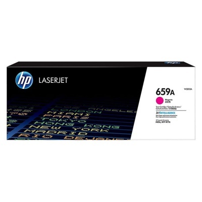 Embalagem de toner HP LaserJet 659A magenta com design digital colorido