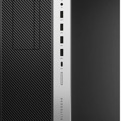 Computador de secretária HP EliteDesk preto com painel frontal cinza e portas USB