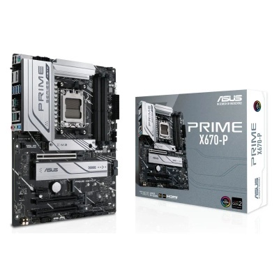 Placa-mãe ASUS PRIME X670-P com caixa ao lado em fundo branco