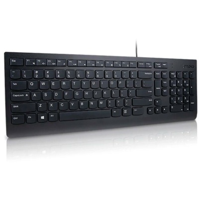 Teclado Lenovo preto com fios e layout QWERTY.