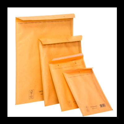 Quatro envelopes almofadados castanho alaranjados de tamanhos diferentes