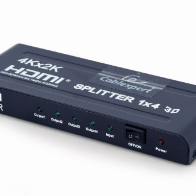 Splitter HDMI 1x4 3D preto com LEDs indicadores e botão ON/OFF.