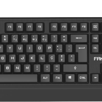 Teclado FANTECH preto com teclas brancas e teclado numérico.