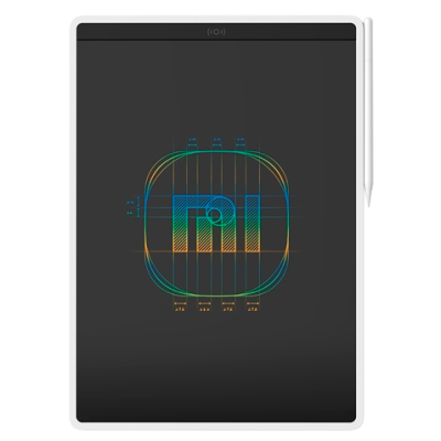 Tablet branco com caneta ao lado e logotipo mi colorido na tela com linhas de medição