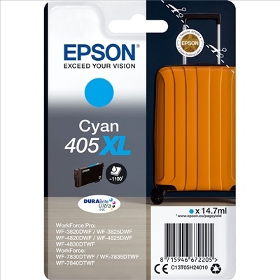 Embalagem de tinteiro Epson Cyan 405XL e mala de viagem laranja