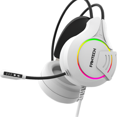 Auricular gaming branco com microfone ajustável e luz LED RGB