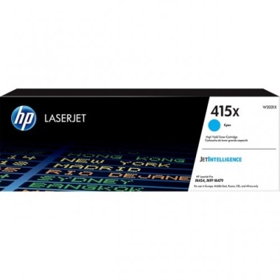 Cartucho de toner HP LaserJet 415X ciano em embalagem preta e branca