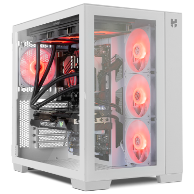 Computador branco com ventoinhas vermelhas e placa gráfica GeForce RTX