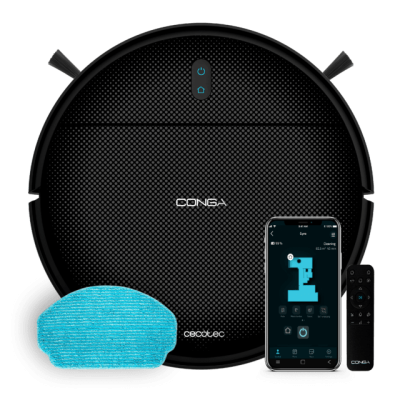 aspirador robot preto com esfregona azul, smartphone com app e comando remoto