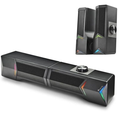 Conjunto de colunas de som preto com LEDs coloridos e botão de controlo