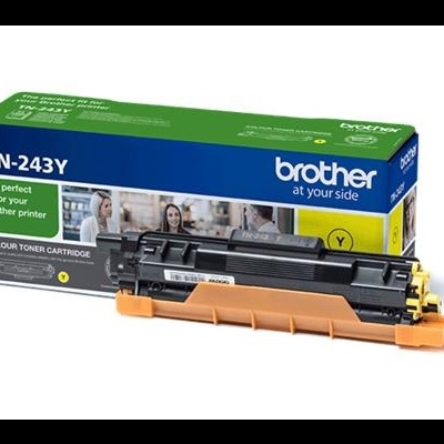 Cartucho de toner amarelo Brother TN-243Y com caixa azul, verde e branco