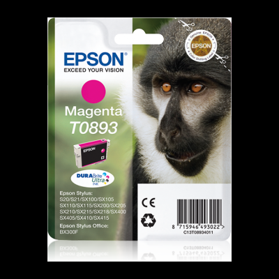 Embalagem de tinta Epson Magenta T0893 com imagem de macaco