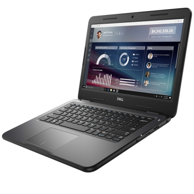 Computador portátil Dell preto com gráficos financeiros no ecrã