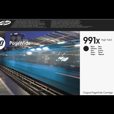 Embalagem de cartucho de tinta HP PageWide 991X High Yield preto com imagem de comboio azul