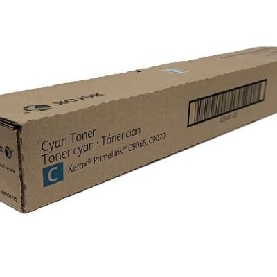 Embalagem de toner ciano da Xerox em caixa de cartão castanha
