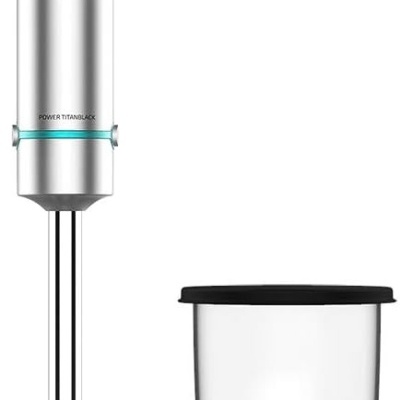 Varinha mágica em aço inoxidável e preto com copo transparente e tampa preta